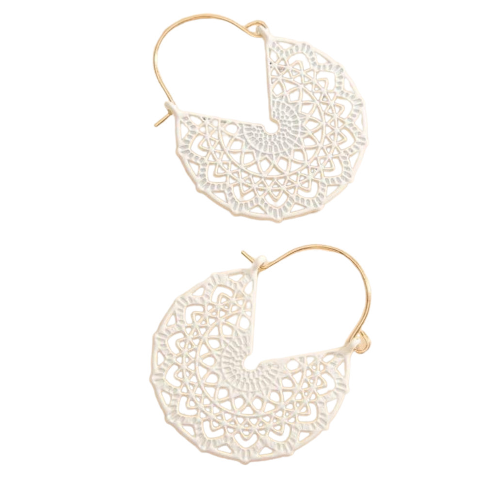 White Hoop Earrings Floral White Basket Hoops Cut out Dangle Earrings Scroll NWT - Picture 13 of 13